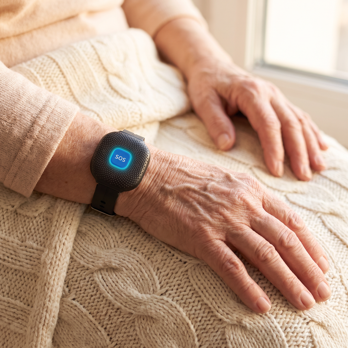 Older person wearing the Family Alert Wristband